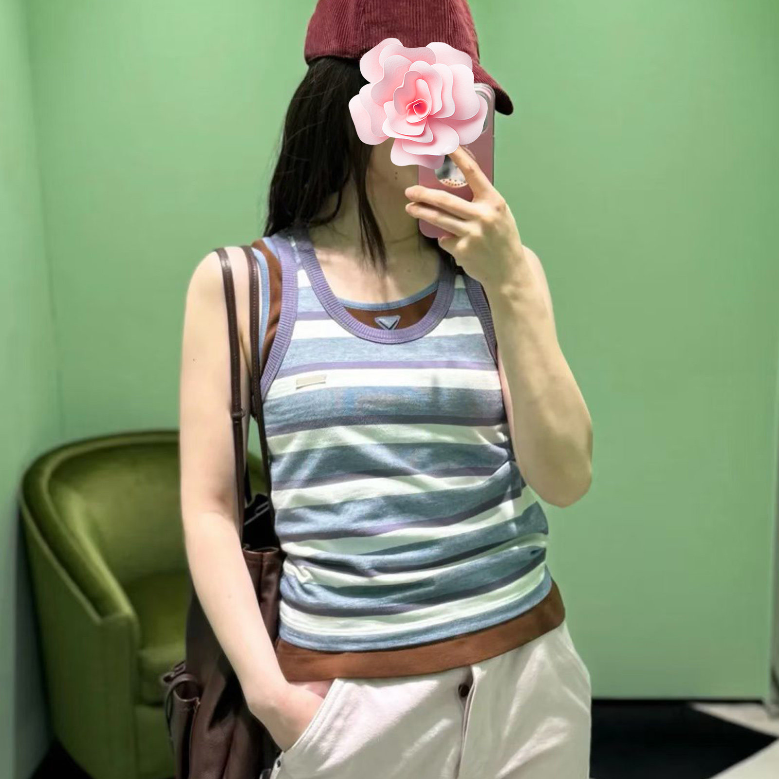 清爽紫色撞色条纹纯棉T恤背心