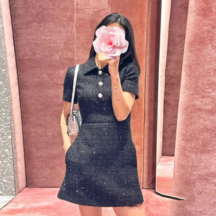 bling大颗水钻纽扣半开胸 收腰A摆显瘦连衣裙 亮片银线羊毛薄花呢