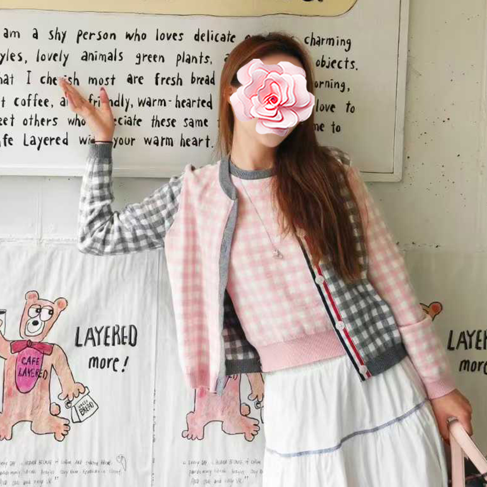 撞色格子羊毛针织背心+开衫