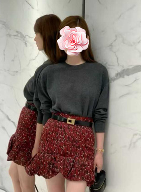 不退不换 原399 特惠239 25新款 暗红色印花 高腰压褶A摆半身裙