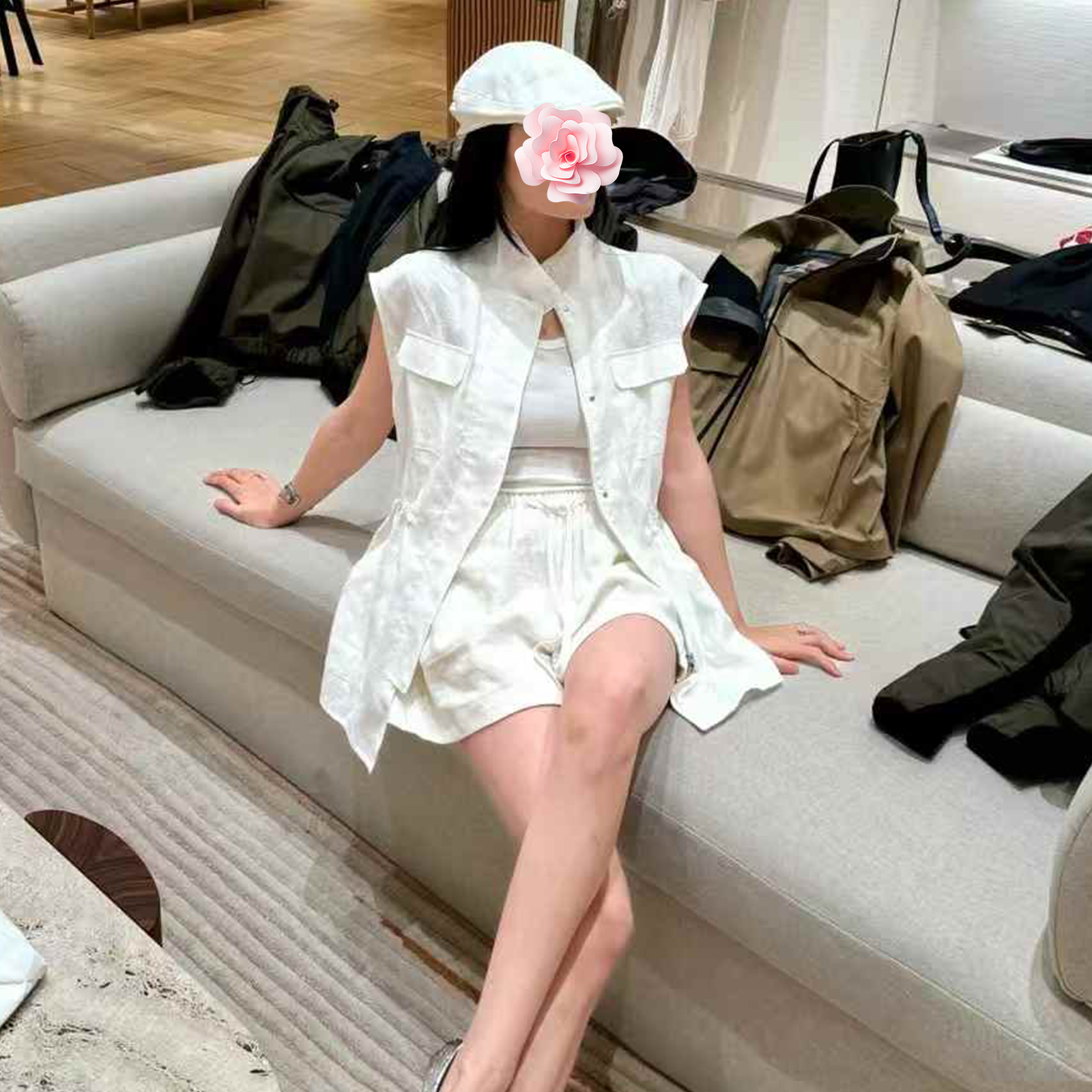 棉麻抽绳收腰马夹+松紧高腰短裤