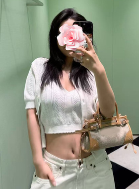 不退不换 原409 特惠249 26新款 小花边 镂空短袖针织开衫+吊带