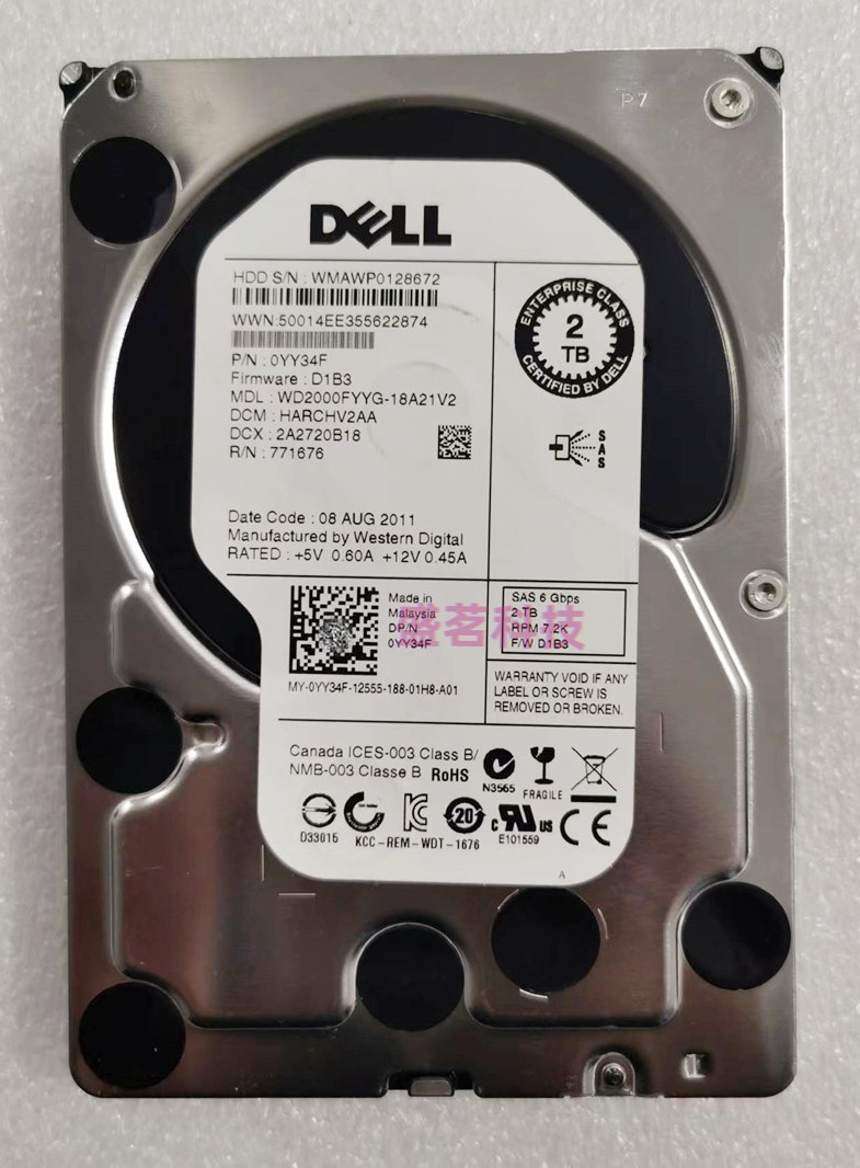 DELL 2T SAS 7.2K 3.5 0YY34F WD2000FYYG硬盘 0WDC07 MK2001TRKB
