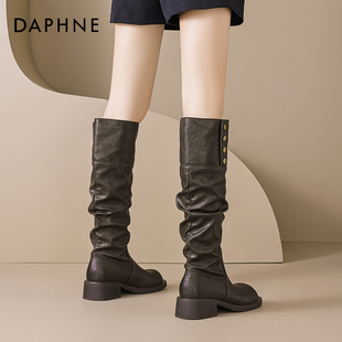 达芙妮堆堆长靴女2024秋冬新款 褶皱骑士靴子两穿美拉德长筒靴 爆款