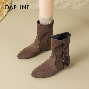 靴子美拉德中筒马丁靴 复古时装 达芙妮棕色流苏短靴女2025新款 秋季