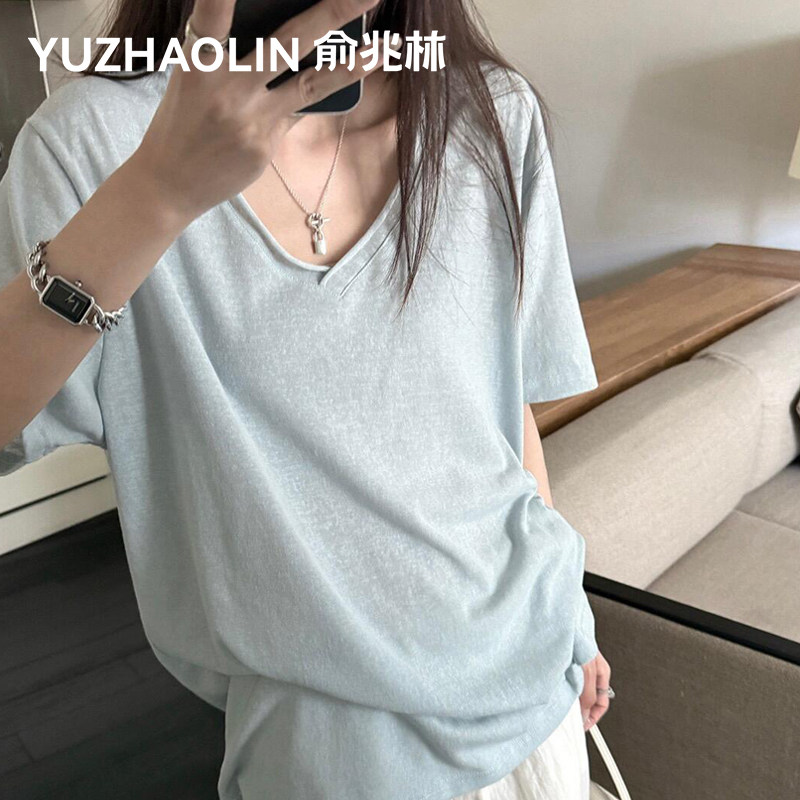 松弛感V领短袖T恤女夏季薄款宽松图片