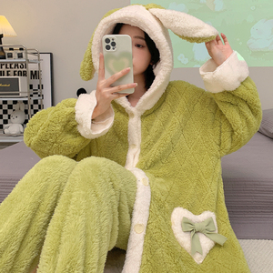睡衣女冬季款珊瑚绒2023新款睡袍加绒加厚中长款秋冬天家居服套装