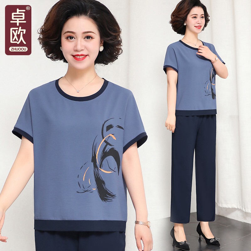 母亲节胖妈妈夏装T恤中年女装洋气上衣中老年人休闲运动短袖套装