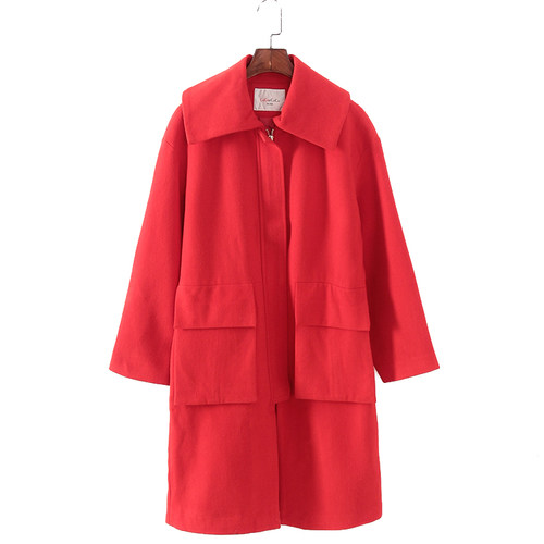 G系列 秋冬新款品牌女装库存折扣红色立体口袋大衣F1667