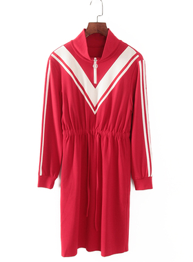 碧系列 春秋新款品牌女装库存折扣拼色长袖立领连衣裙F1791A