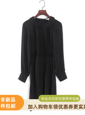香蕉系列 春秋新款专柜女装库存折扣雪纺呢料黑色长袖连衣裙Y4566