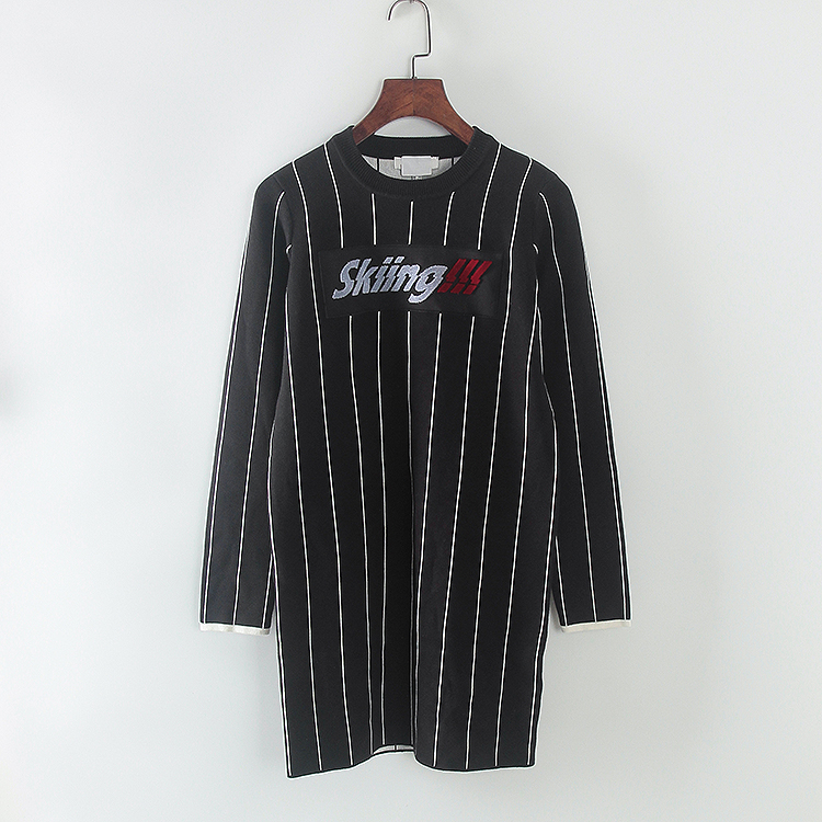 莉系列 新款春秋季女装品牌库存折扣横机黑条纹连衣裙Y1402