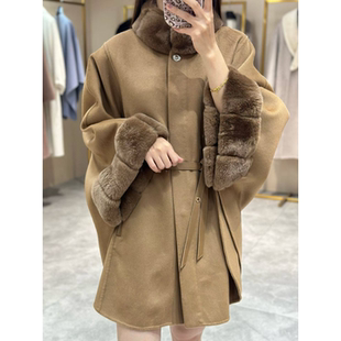 LP同款高品质水貂毛领斗篷 高级感双面羊绒大衣 赫本风毛呢外套女