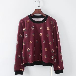 库存折扣圆领套头数码 品牌女装 印花上衣F622A 春秋新款 灵系列