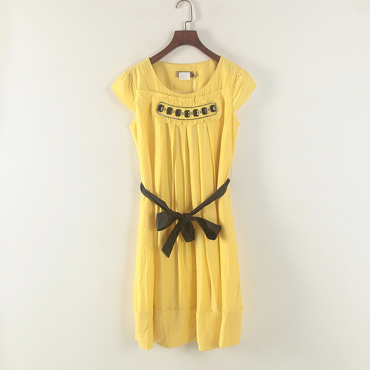 非系列 新款夏季女装库存折扣 圆领镶珠短袖系腰带连衣裙Y2420C