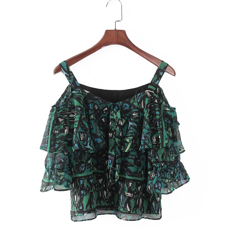 碧系列 夏季新款品牌女装库存折扣法式风印花吊带上衣F1745C