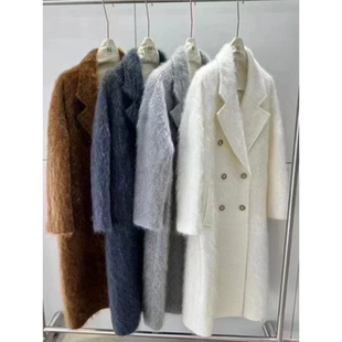 新年战袍拉毛100%山羊绒长毛大衣女廓形双排扣白色宽松中长款外套