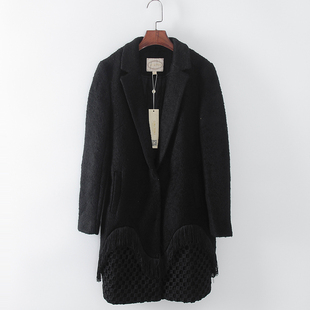 库存折扣中长款 品牌女装 黑色流苏大衣F996 秋冬新款 灵系列