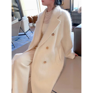 新年战袍拉毛100%山羊绒长毛大衣女廓形双排扣白色宽松中长款外套