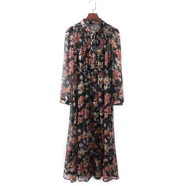 法式优雅印花长袖连衣裙