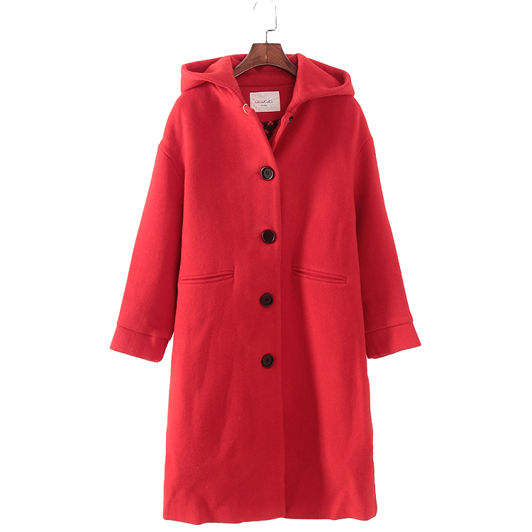 G系列 秋冬新款品牌女装库存折扣红色长款连帽呢大衣F1611