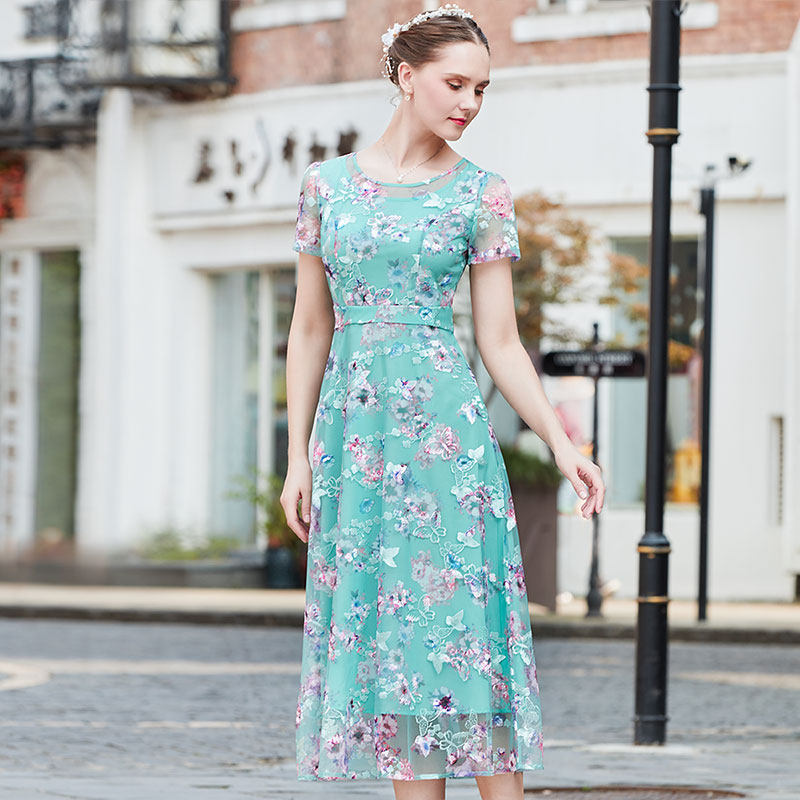 【水清梦蓝】透气网纱刺绣连衣裙收腰a字裙长款复古印花圆领夏季