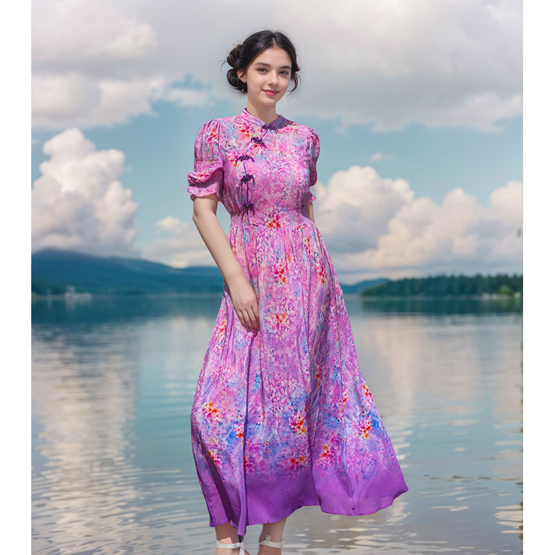 眉间心上 新中式旗袍桑蚕丝真丝法式复古碎花连衣裙长裙女夏季新