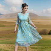 浅吟秋月 春秋新 气质裙子飘逸中长裙 通勤时尚 收腰七分喇叭袖