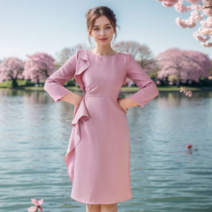 特价  婉风流转 优雅气质连衣裙荷叶边收腰九分袖淑女名媛春装