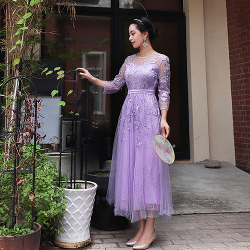 【浪漫满屋】浅紫色仙美礼服连衣裙精致刺绣名媛宴会长裙2026春夏
