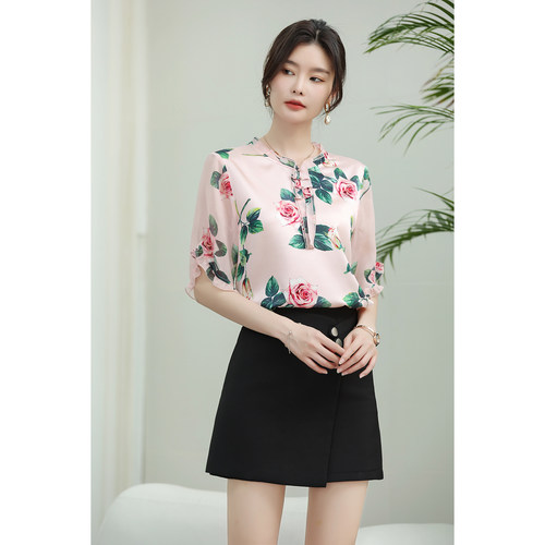 花尚月 复古印花气质衬衫女真丝桑蚕丝上衣七分袖优雅显瘦春夏新