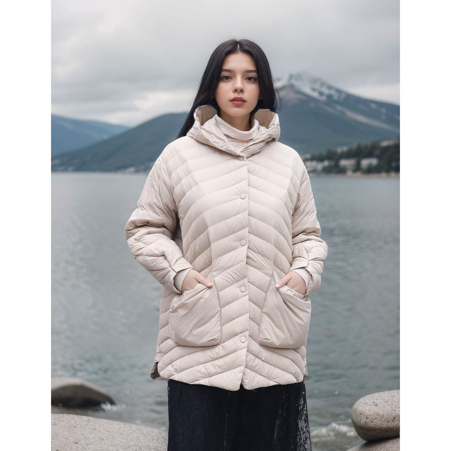 茶烟扶枝 纯色羽绒服女中长款轻薄羽绒宽松时尚气质显瘦新2026