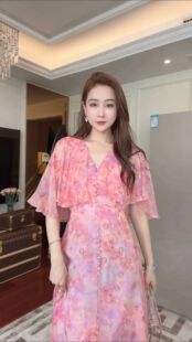 新 气质裙子飘逸长裙 蒹葭风晚 真丝桑蚕丝连衣裙收腰遮腹夏长款