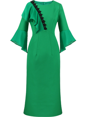 清【碧水云天】风情喇叭袖连衣裙修身收腰显瘦中长裙绿色春秋新款