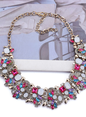 彩衣阁时尚美丽闪亮短款宴会项链大气锁骨礼服项链红绿彩色圆环形