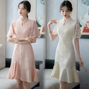 彩衣阁夏季鱼尾改良旗袍短款矮个子连衣裙淑女白色蕾丝年轻修身款