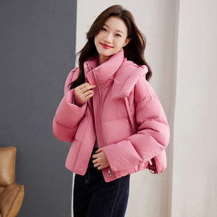 彩衣阁咖色玫粉色羽绒服女冬季新款宽松连帽面包服白鸭绒短款外套