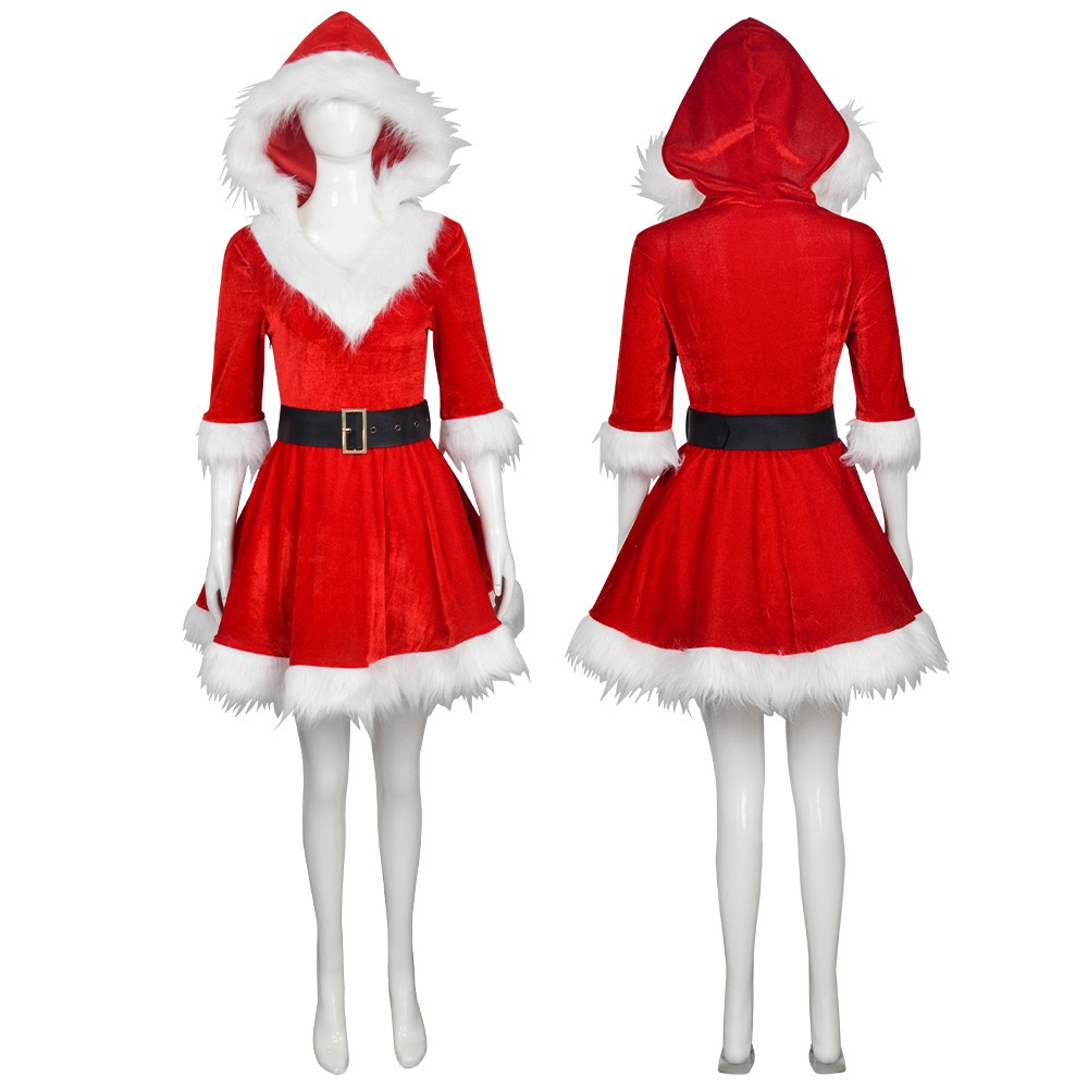 新款cos服圣诞节连衣裙成人女COSPLAY舞会派对 红色丝绒礼服