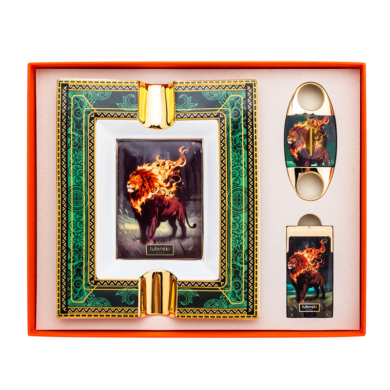 鲁宾斯基雪茄打火机套装时尚陶瓷烟灰缸蓝焰2直冲打火机锋利V剪刀