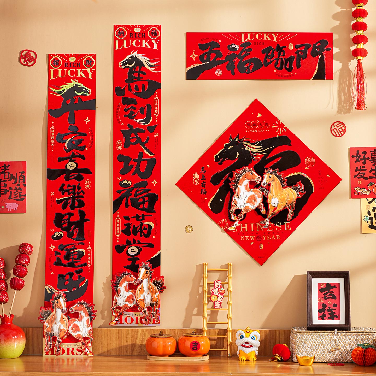 鑫温帘波过年大门植绒立体对联