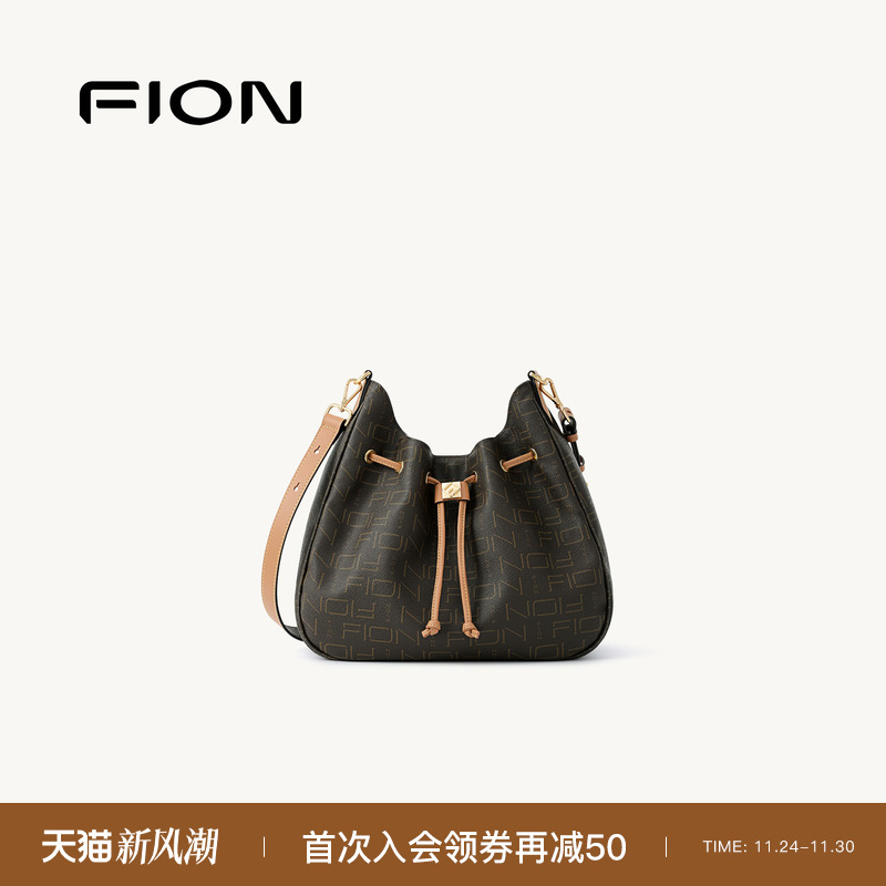 Fion/菲安妮老花水桶包2025新款通勤hobo包包女高级感单肩斜挎包