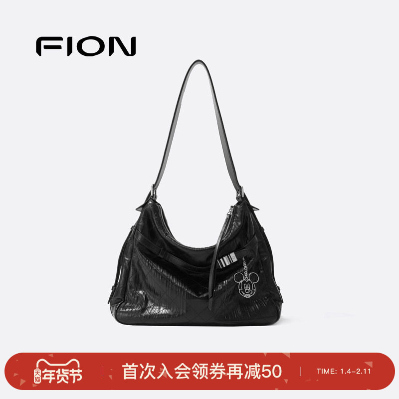 Fion/菲安妮迪士尼米奇合作音符托特包真皮大容量女通勤斜挎包包