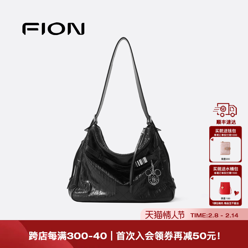 Fion/菲安妮迪士尼米奇合作音符托特包真皮大容量女通勤斜挎包包