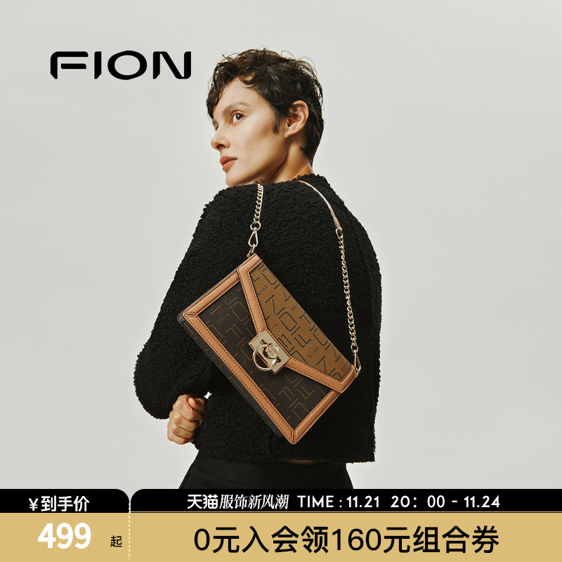 Fion/菲安妮老花小方包 2023新款女包包轻奢感精致简约单肩斜挎包