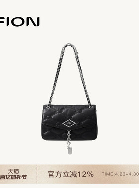 FION菲安妮官方真皮小方包轻奢菱纹高级感手提包包女单肩斜挎软包