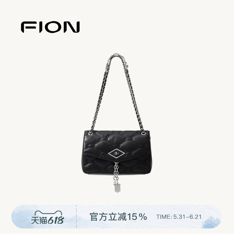 FION菲安妮官方真皮小方包轻奢菱纹高级感手提包包女单肩斜挎软包