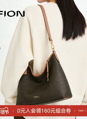 Fion/菲安妮老花托特包软hobo流浪包新款高级通勤小众斜挎包包女