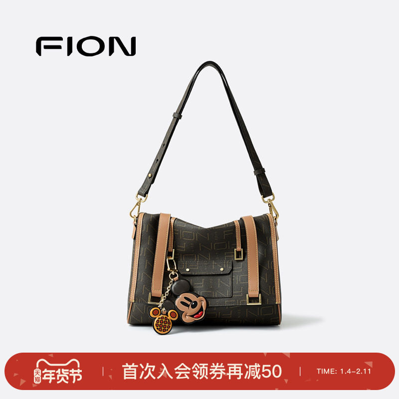 Fion/菲安妮迪士尼米奇邮差托特包复古老花通勤大容量单肩斜挎包