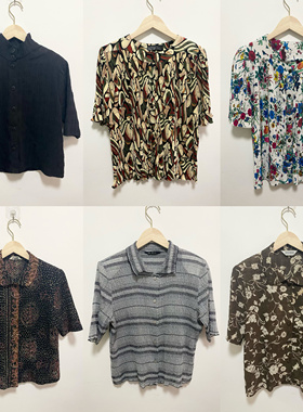 天天古着三宅风衬衫vintage日制短袖聚酯褶皱印花衬衣女上衣S001