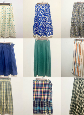 天天古着印花半身裙vintage日本复古高腰长裙少女优雅A字裙B6z